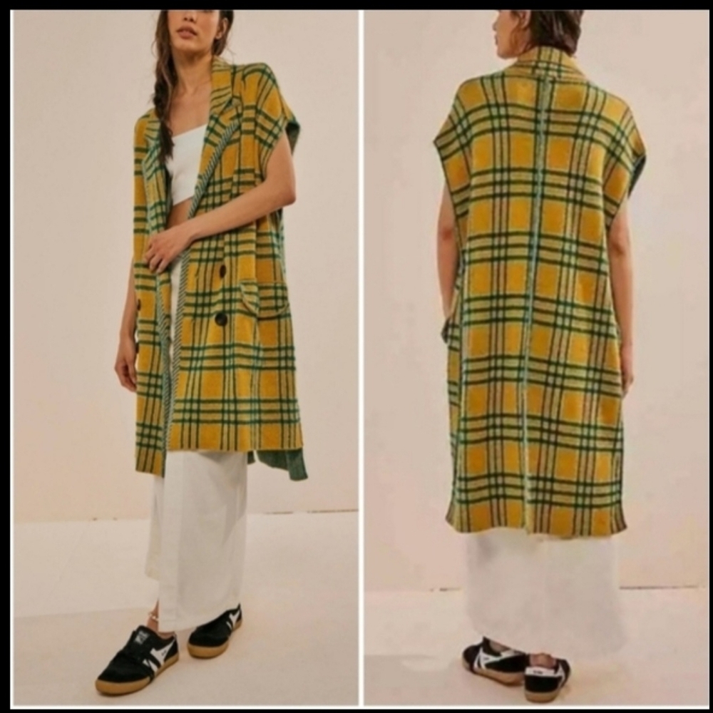 Free People Sunflower Spruce Plaid Sleeveless Peacoat Vest Long Coat M - Picture 2 of 13